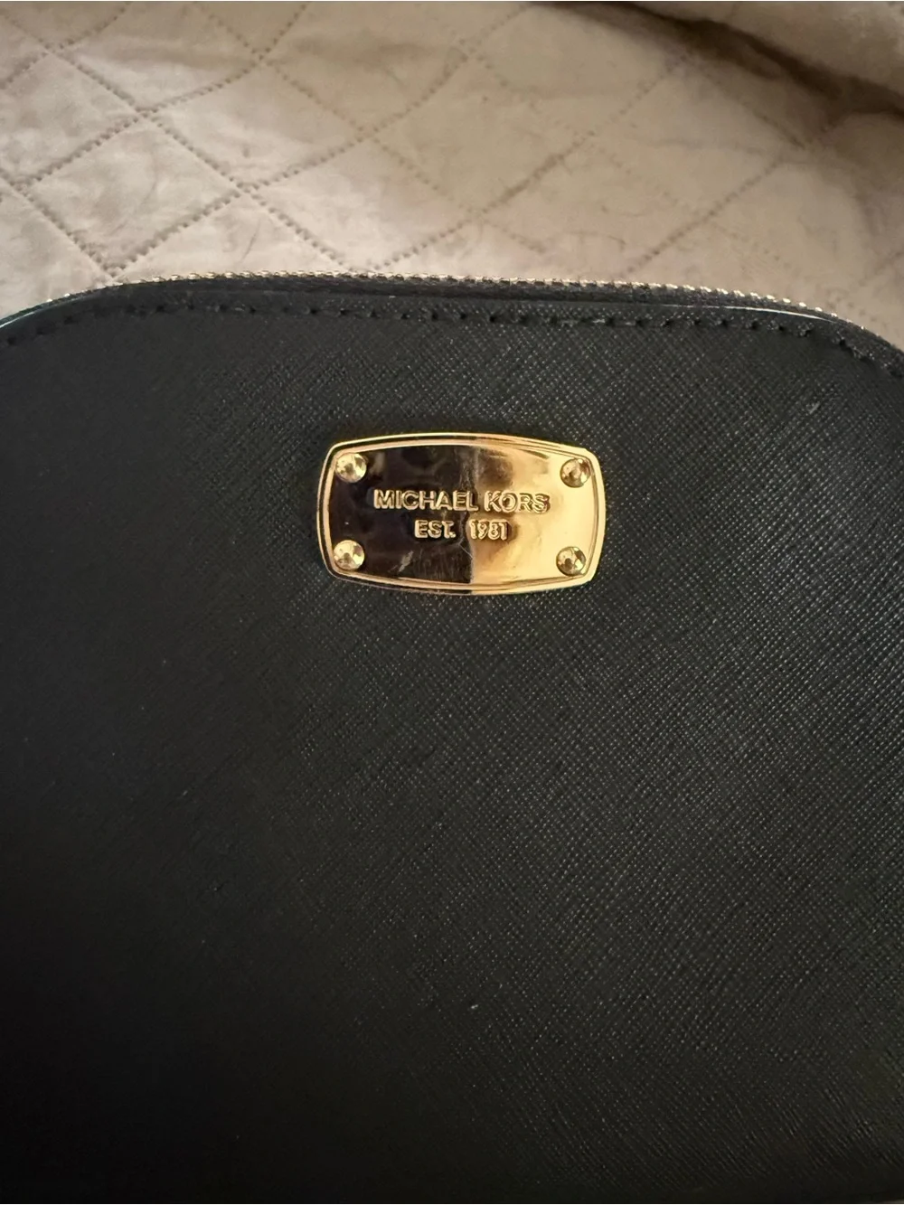 Michael Kors Black Leather Dome Cosmetic Case with Gold Hardware